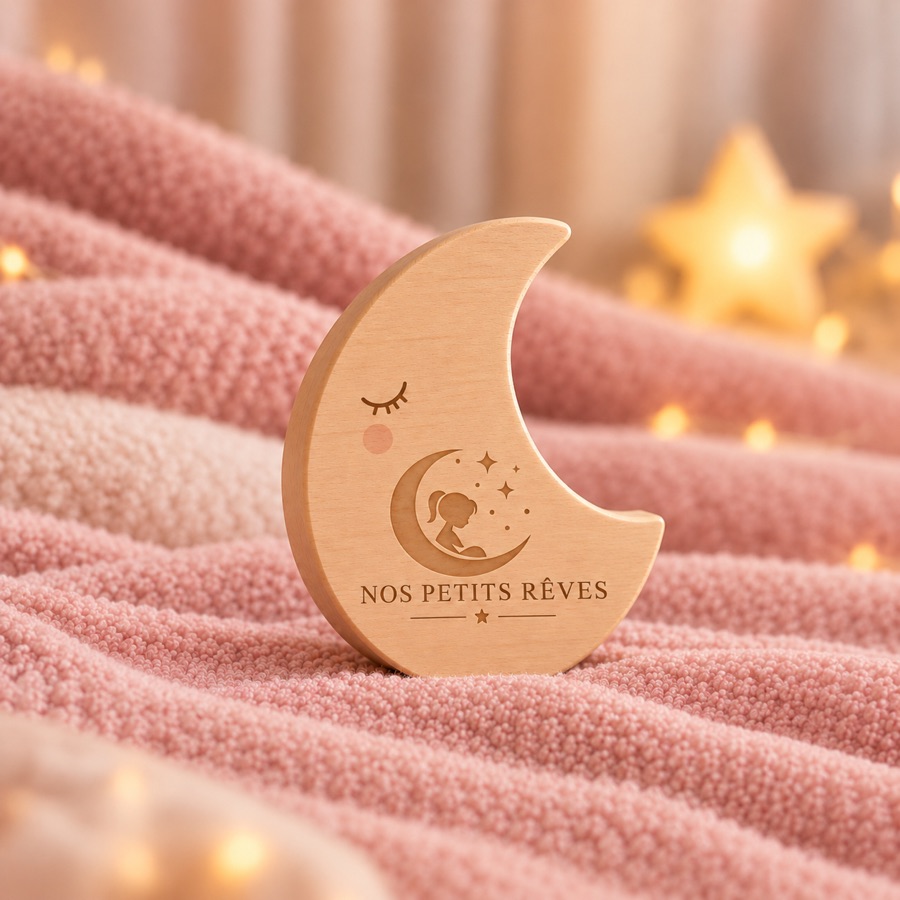 Plaque en forme de lune en bois gravée « Nos Petits Rêves »