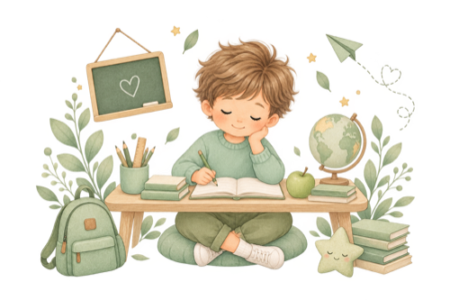 Illustration d'un enfant assis en tailleur à son bureau, univers vert sauge apaisant