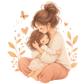 Parent et enfant se faisant un câlin tendre, les yeux fermés, entourés de feuillages et de petits cœurs