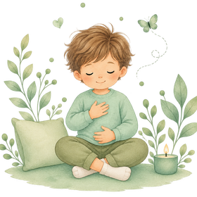 Enfant assis en tailleur, les yeux fermés et la main sur le cœur, entouré de plantes et d'une bougie allumée