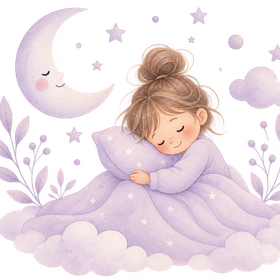 Enfant endormie sur un oreiller et une couverture étoilés, avec une lune souriante et des étoiles