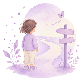 Enfant de dos regardant un chemin sinueux menant à un panneau à deux directions, entouré d'étoiles et d'un papillon