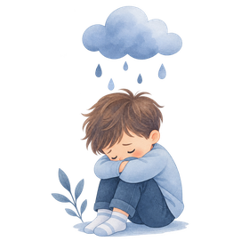 Enfant assis, tête baissée sur ses genoux, sous un petit nuage gris qui laisse tomber des gouttes de pluie