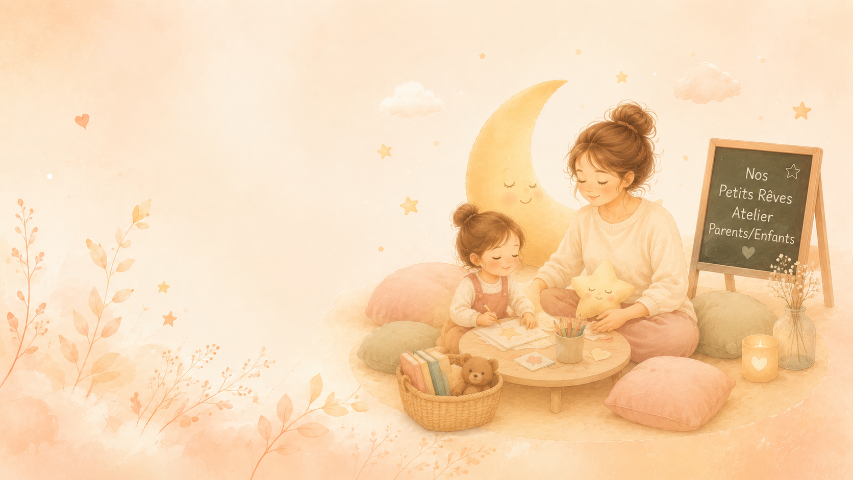 Illustration d'un parent et d'un enfant partageant un moment créatif, entourés d'étoiles et de notes de musique