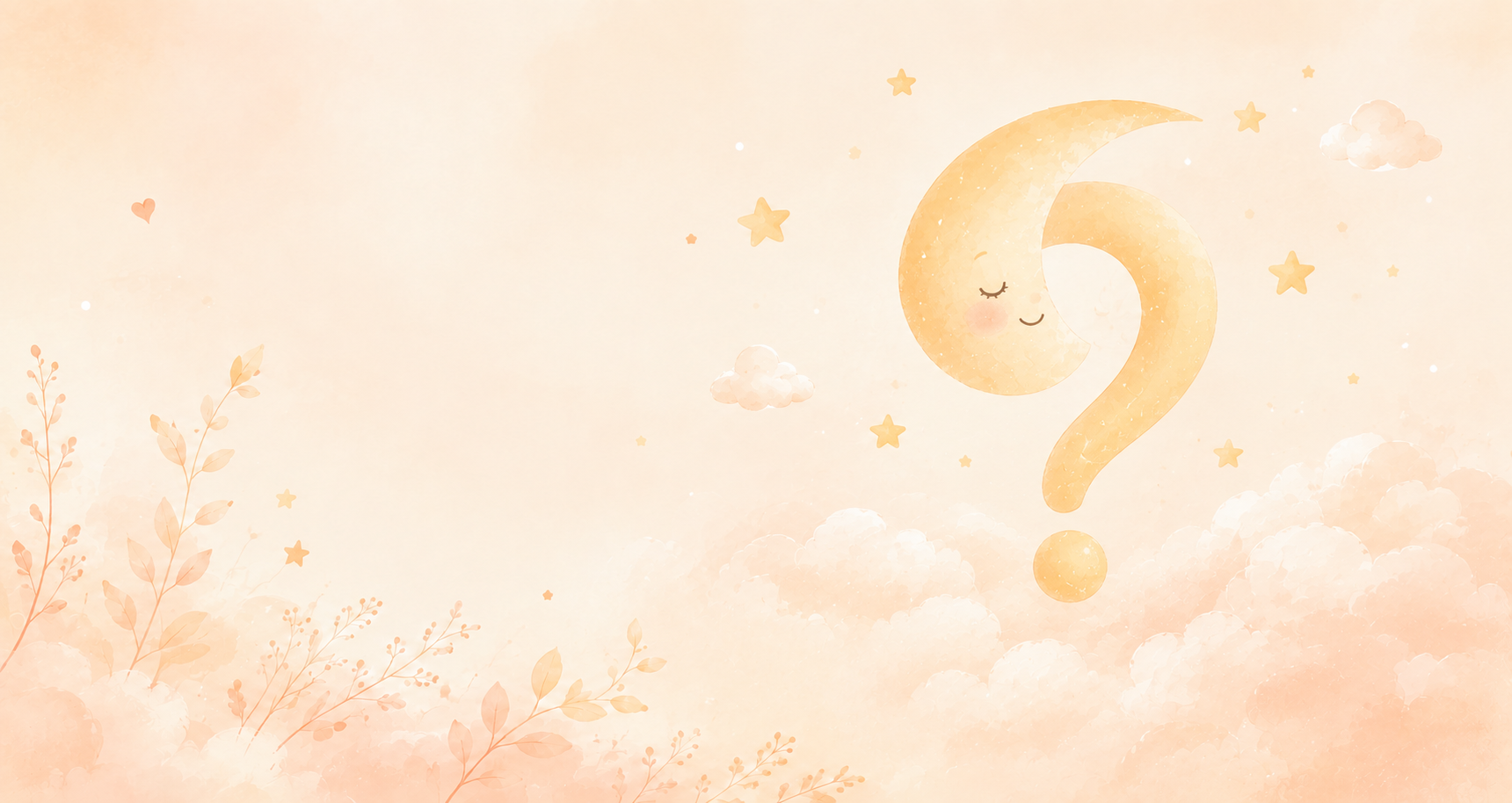 Illustration d'une lune en forme de point d'interrogation entourée d'étoiles, de nuages et de branchages
