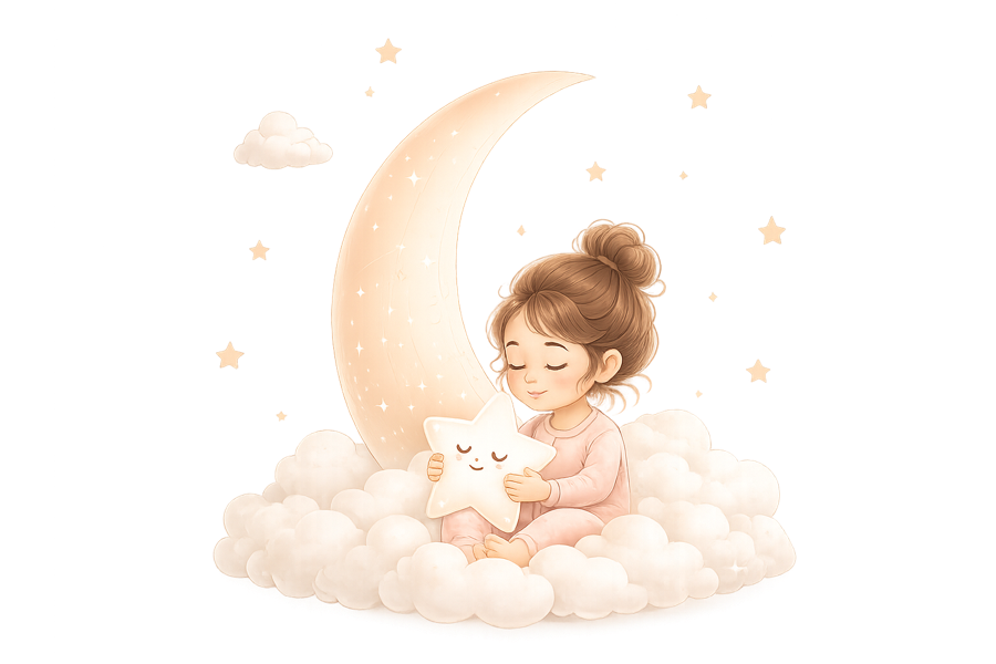 Illustration d'une petite fille rêveuse assise sur un croissant de lune, tenant une étoile lumineuse, entourée de nuages et d'étoiles