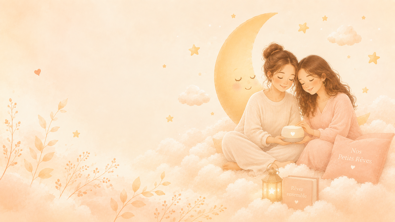 Pauline et Aude assises sur un croissant de lune entourées d'étoiles, tenant une veilleuse